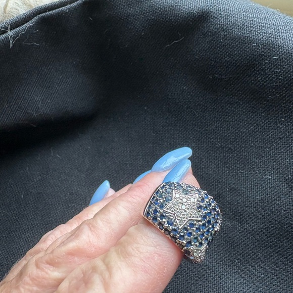 14K White Gold Beautiful blue sapphire and Diamond pave star wide band ring Sz 5 - Picture 3 of 6